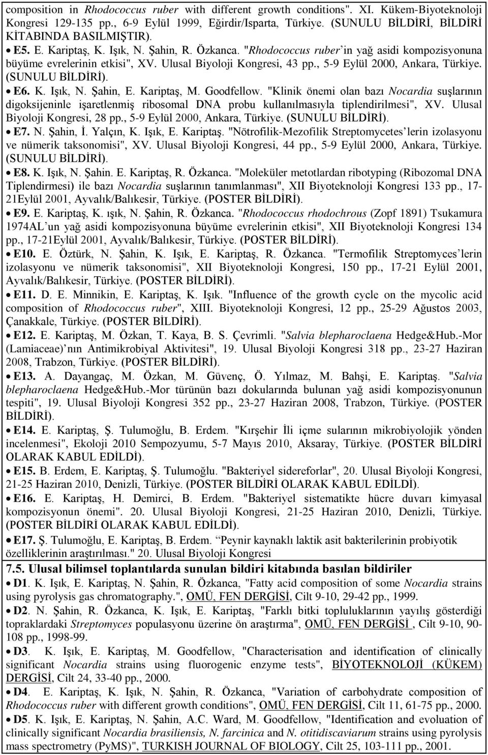 Ulusal Biyoloji Kongresi, 43 pp., 5-9 Eylül 2000, Ankara, Türkiye. E6. K. Işık, N. Şahin, E. Kariptaş, M. Goodfellow.