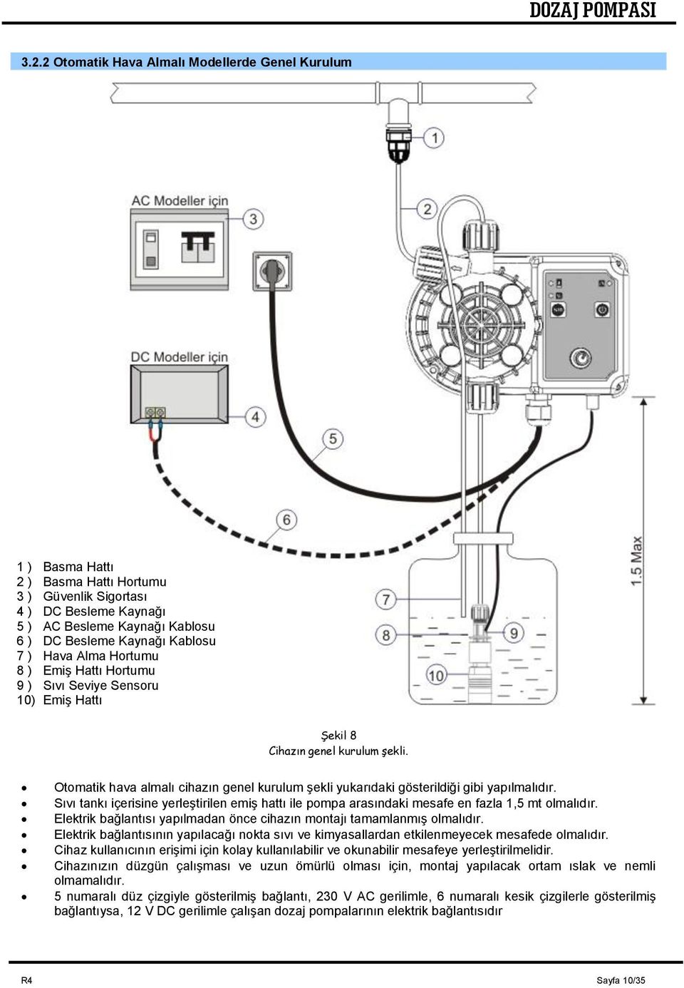 Otomatik hava almalı cihazın genel kurulum şekli yukarıdaki gösterildiği gibi yapılmalıdır. Sıvı tankı içerisine yerleştirilen emiş hattı ile pompa arasındaki mesafe en fazla 1,5 mt olmalıdır.