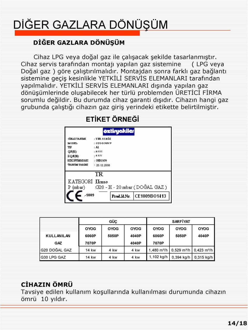 Montajdan sonra farklı gaz bağlantı sistemine geçiş kesinlikle YETKİLİ SERVİS ELEMANLARI tarafından yapılmalıdır.