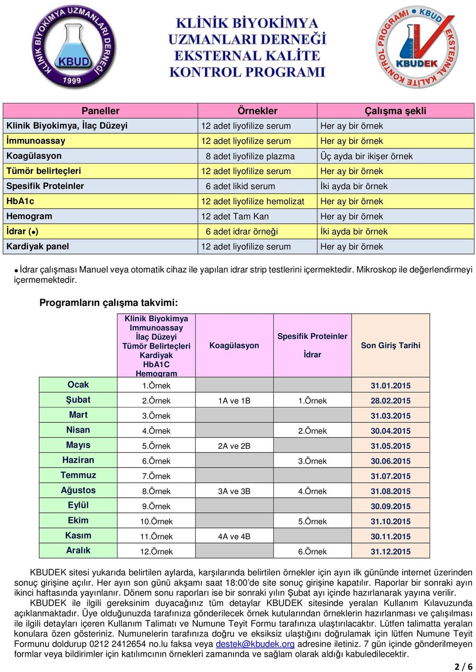 Hemogram 12 adet Tam Kan Her ay bir örnek İdrar () 6 adet idrar örneği İki ayda bir örnek Kardiyak panel 12 adet liyofilize serum Her ay bir örnek İdrar çalışması Manuel veya otomatik cihaz ile