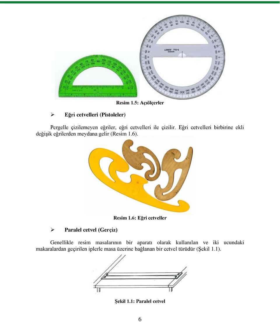 Eğri cetvelleri birbirine ekli değiģik eğrilerden meydana gelir (Resim 1.6).