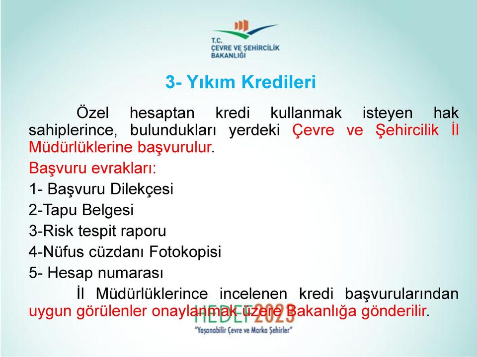 Başvuru evrakları: 1- Başvuru Dilekçesi 2-Tapu Belgesi 3-Risk tespit raporu 4-Nüfus cüzdanı