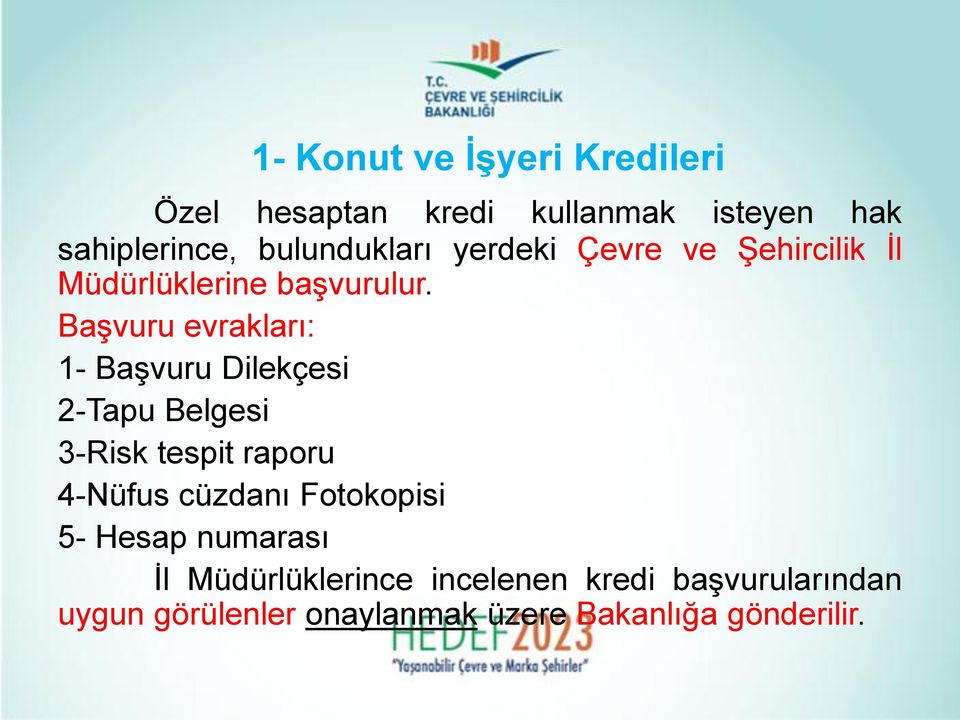 Başvuru evrakları: 1- Başvuru Dilekçesi 2-Tapu Belgesi 3-Risk tespit raporu 4-Nüfus cüzdanı