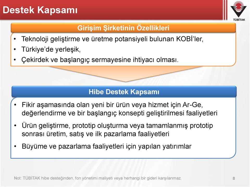 Hibe Destek Kapsamı Fikir aşamasında olan yeni bir ürün veya hizmet için Ar-Ge, değerlendirme ve bir başlangıç konsepti geliştirilmesi