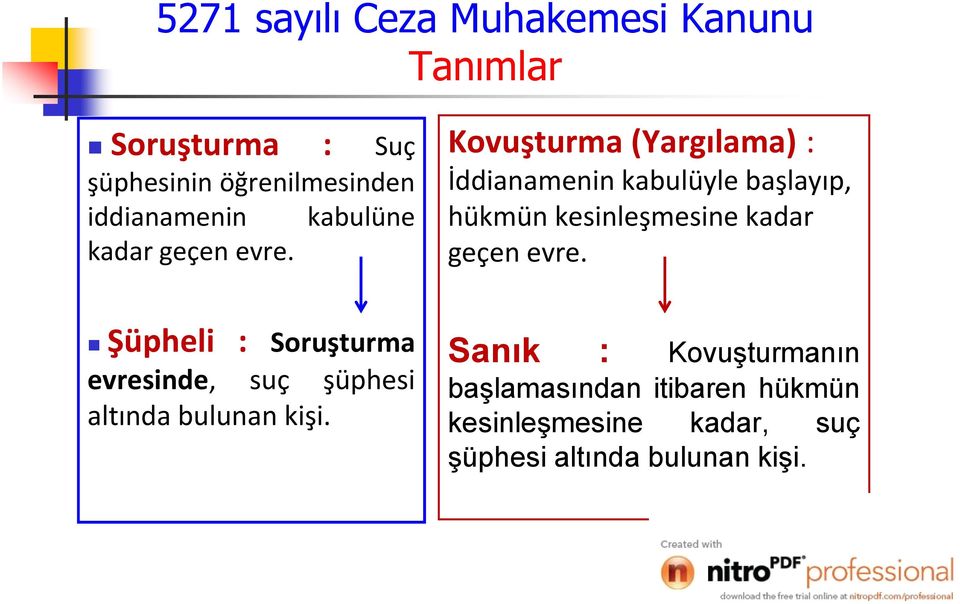 Kovuşturma (Yargılama) : İddianamenin kabulüyle başlayıp, hükmün kesinleşmesine kadar geçen evre.