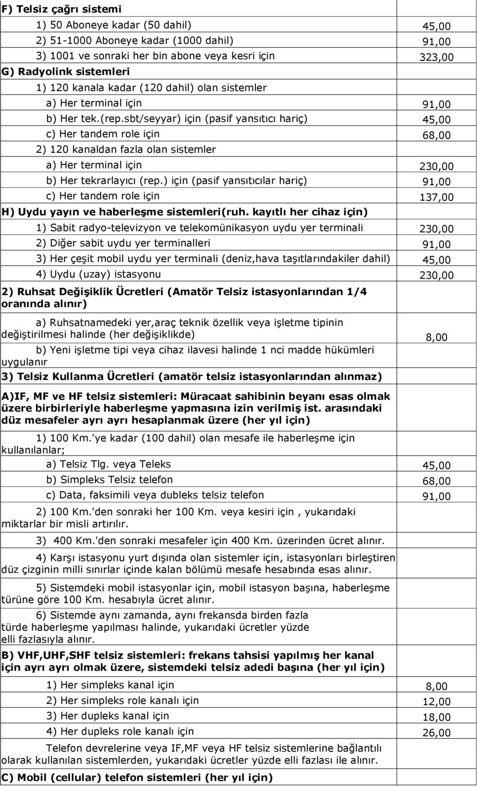 sbt/seyyar) için (pasif yansıtıcı hariç) c) Her tandem role için 68,00 2) 120 kanaldan fazla olan sistemler a) Her terminal için 230,00 b) Her tekrarlayıcı (rep.