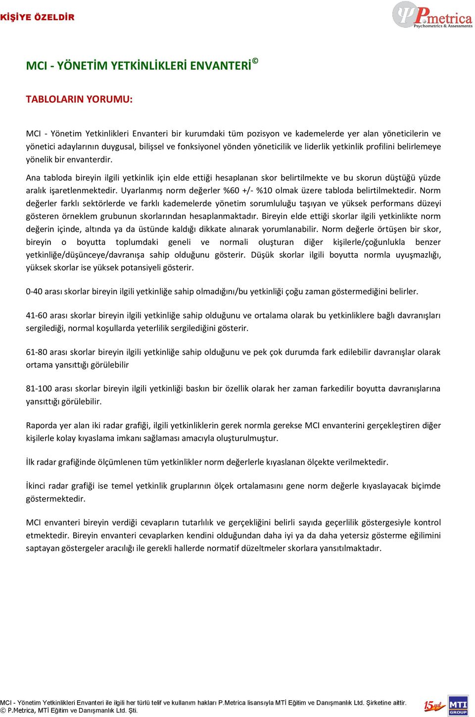 Ana tabloda bireyin ilgili yetkinlik için elde ettiği hesaplanan skor belirtilmekte ve bu skorun düştüğü yüzde aralık işaretlenmektedir.