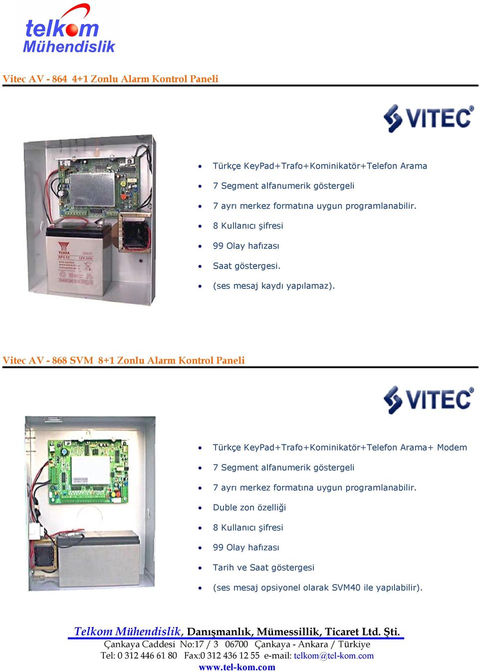 Vitec AV - 868 SVM 8+1 Zonlu Alarm Kontrol Paneli Türkçe KeyPad+Trafo+Kominikatör+Telefon Arama+ Modem 7 Segment alfanumerik göstergeli 7 ayrı