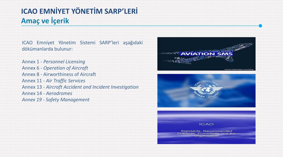 Aircraft Annex 8 - Airworthiness of Aircraft Annex 11 - Air Traffic Services Annex 13 -