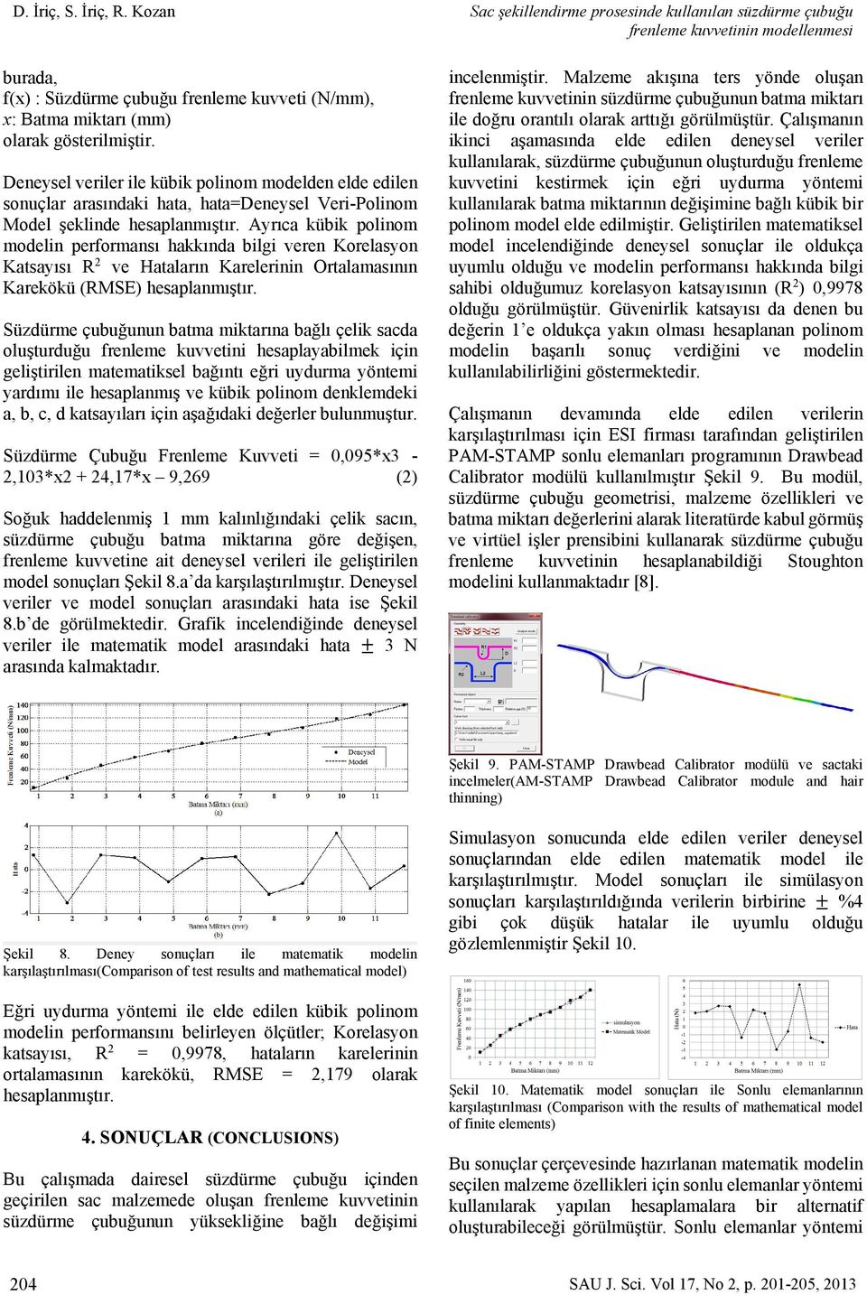 Ayrıca kübik polinom modelin performansı hakkında bilgi veren Korelasyon Katsayısı R 2 ve Hataların Karelerinin Ortalamasının Karekökü (RMSE) hesaplanmıştır.