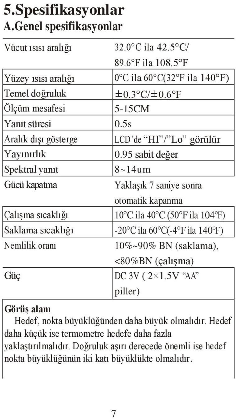 95 sabit değer Spektral yanıt 8~14um Gücü kapatma Yaklaşık 7 saniye sonra Çalışma sıcaklığı Saklama sıcaklığı Nemlilik oranı Güç otomatik kapanma 10 C ila 40 C (50 F ila 104 F) -20 C ila 60