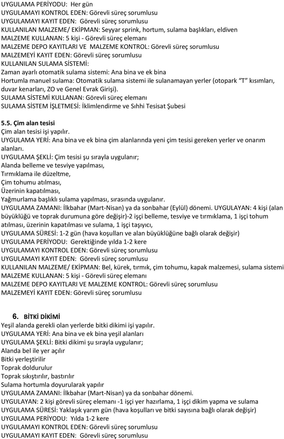 SULAMA SİSTEM İŞLETMESİ: İklimlendirme ve Sıhhi Tesisat Şubesi 5.5. Çim alan tesisi Çim alan tesisi işi yapılır.