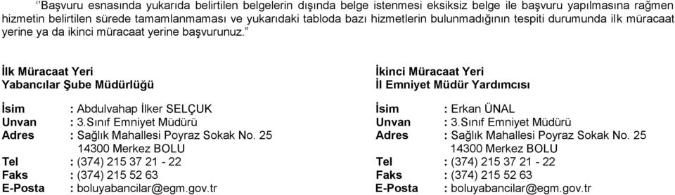 İlk Müracaat Yeri Yabancılar Şube Müdürlüğü İkinci Müracaat Yeri İl Emniyet Müdür Yardımcısı İsim : Abdulvahap İlker SELÇUK İsim : Erkan ÜNAL Unvan : 3.Sınıf Emniyet Müdürü Unvan : 3.