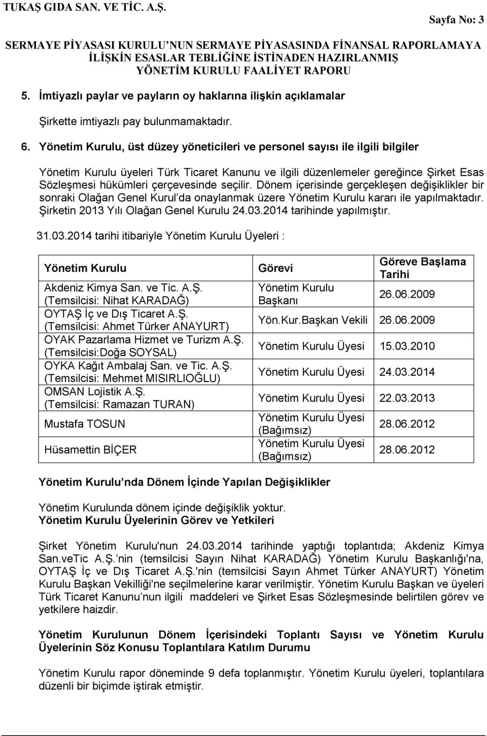 seçilir. Dönem içerisinde gerçekleşen değişiklikler bir sonraki Olağan Genel Kurul da onaylanmak üzere Yönetim Kurulu kararı ile yapılmaktadır. Şirketin 2013 Yılı Olağan Genel Kurulu 24.03.