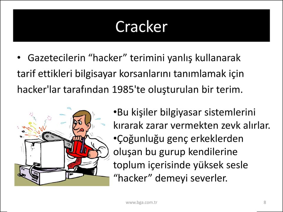 Bu kişiler bilgiyasar sistemlerini kırarak zarar vermekten zevk alırlar.