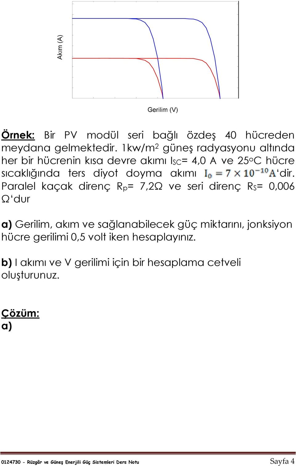 dir. Paralel kaçak direnç Rp= 7,Ω ve seri direnç RS= 0,006 Ω dur a) Gerilim, akım ve sağlanabilecek güç miktarını, jonksiyon