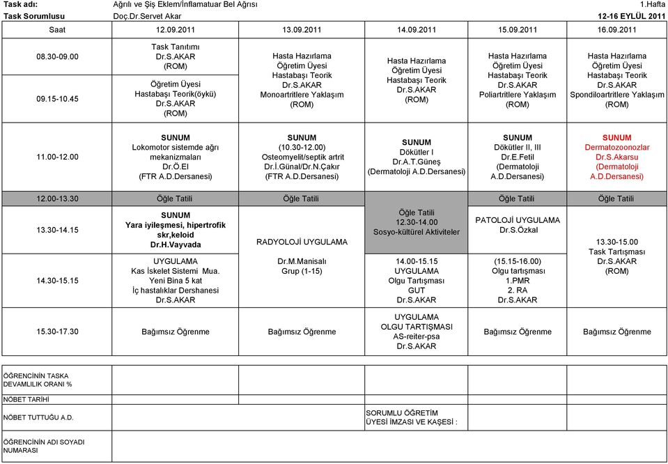 00) Osteomyelit/septik artrit Dr.İ.Günal/Dr.N.Çakır I II, III (Dermatoloji A.D.Dersanesi) Dermatozoonozlar Dr. (Dermatoloji A.D.Dersanesi) 12.00-13.
