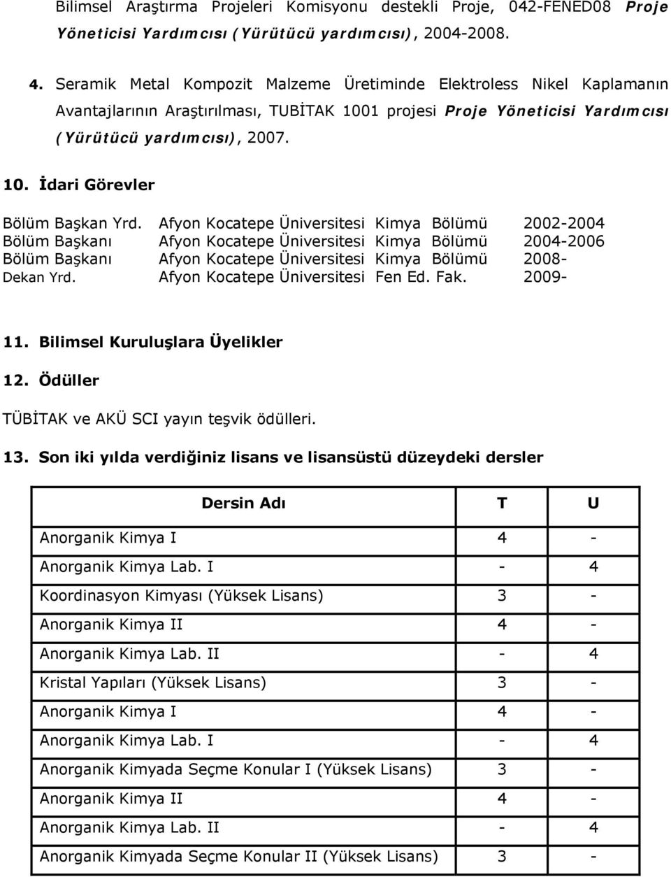 Afyon Kocatepe Üniversitesi Kimya Bölümü 2002-2004 Bölüm Başkanı Afyon Kocatepe Üniversitesi Kimya Bölümü 2004-2006 Bölüm Başkanı Afyon Kocatepe Üniversitesi Kimya Bölümü 2008- Dekan Yrd.