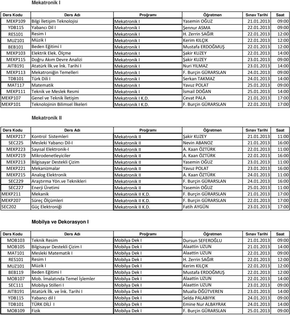 Ölçme Mekatronik I Şakir KUZEY 22.01.2013 14:00 MEKP115 Doğru Akım Devre Analizi Mekatronik I Şakir KUZEY 23.01.2013 09:00 AITB191 Atatürk İlk.ve İnk. Tarihi I Mekatronik I Nuri YILMAZ 23.01.2013 14:00 MEKP113 Mekatroniğin Temelleri Mekatronik I F.