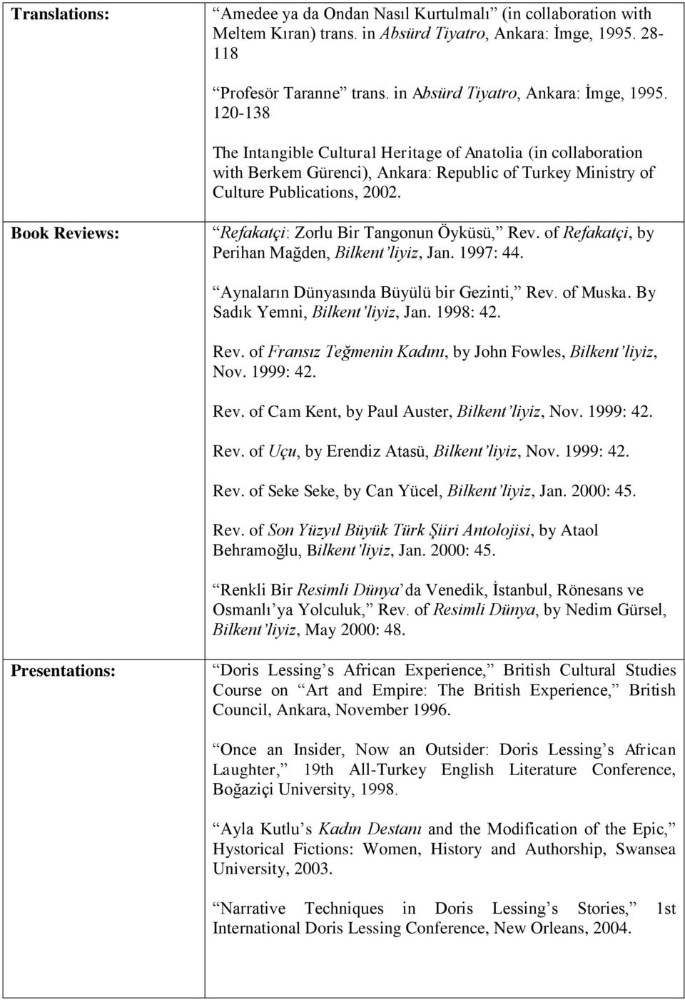 Book Reviews: Refakatçi: Zorlu Bir Tangonun Öyküsü, Rev. of Refakatçi, by Perihan Mağden, Bilkent liyiz, Jan. 1997: 44. Aynaların Dünyasında Büyülü bir Gezinti, Rev. of Muska.