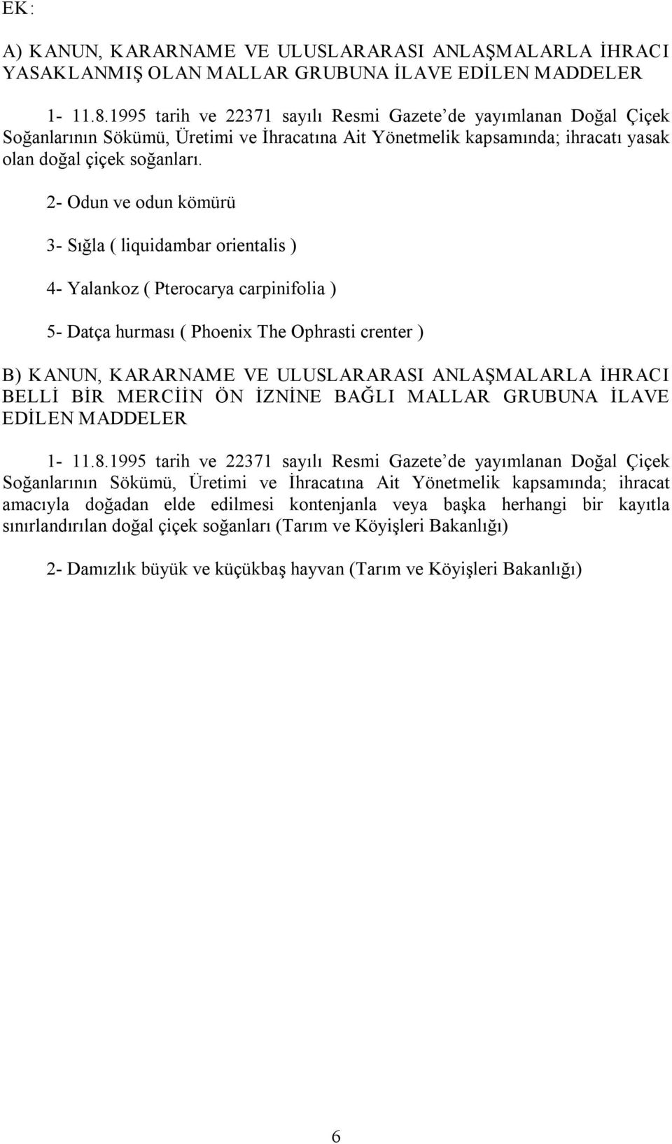 2 Odun ve odun kömürü 3 Sığla ( liquidambar orientalis ) 4 Yalankoz ( Pterocarya carpinifolia ) 5 Datça hurması ( Phoenix The Ophrasti crenter ) B) KANUN, KARARNAME VE ULUSLARARASI ANLAŞMALARLA