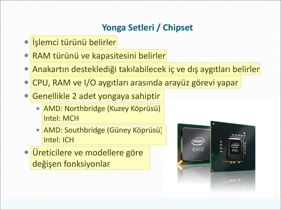 yapar Genellikle 2 adet yongaya sahiptir AMD: Northbridge (Kuzey Köprüsü) Intel: MCH AMD: