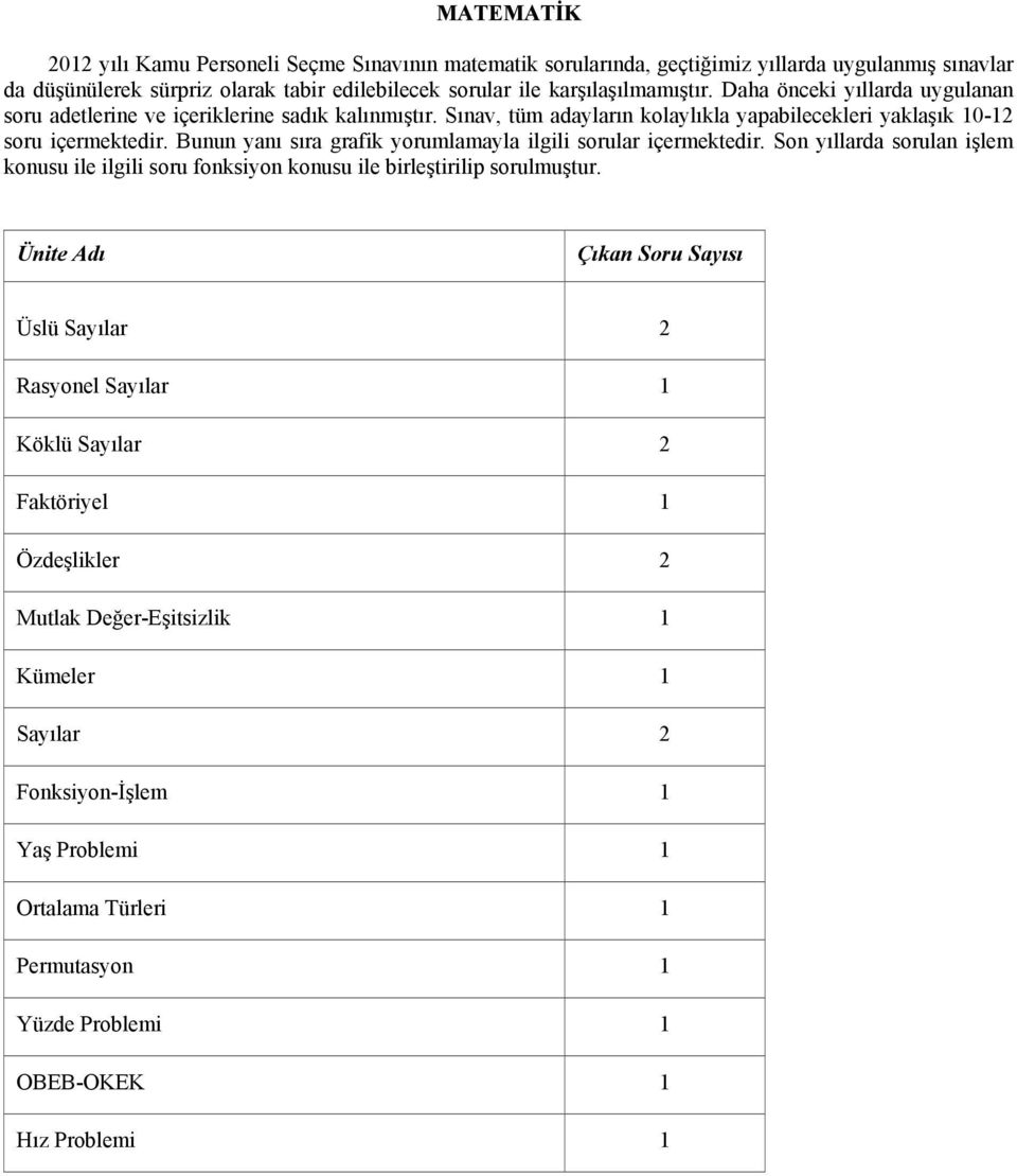 Bunun yanı sıra grafik yorumlamayla ilgili sorular içermektedir. Son yıllarda sorulan işlem konusu ile ilgili soru fonksiyon konusu ile birleştirilip sorulmuştur.