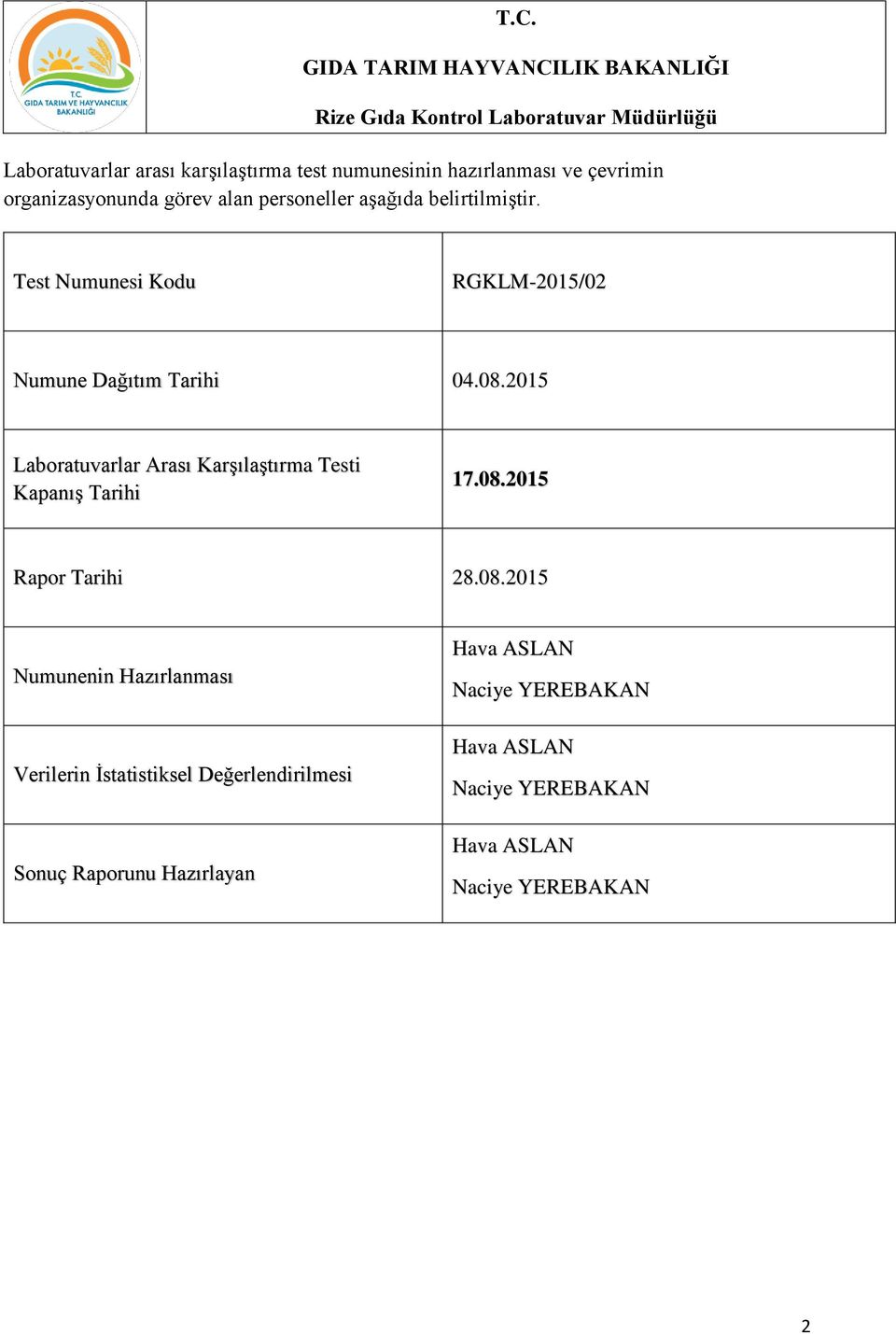 2015 Laboratuvarlar Arası Karşılaştırma Testi Kapanış Tarihi 17.08.