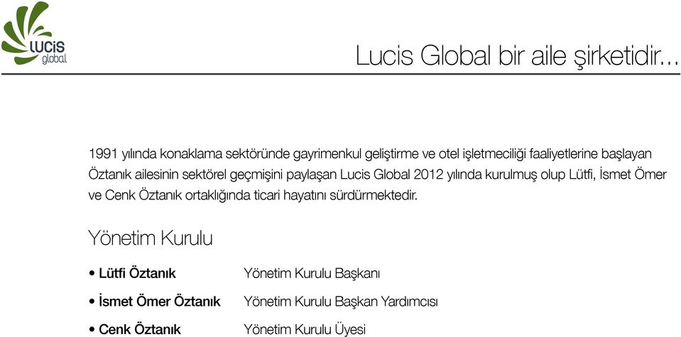 Öztanık ailesinin sektörel geçmişini paylaşan Lucis Global 2012 yılında kurulmuş olup Lütfi, İsmet Ömer ve