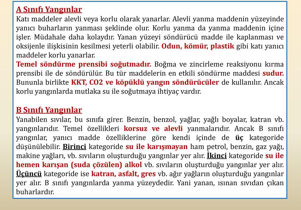 Temel söndürme prensibi soğutmadır. Boğma ve zincirleme reaksiyonu kırma prensibi ile de söndürülür. Bu tür maddelerin en etkili söndürme maddesi sudur.