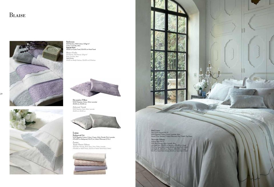 30x50 cm, 50x50 cm Luna Bedspread Set %100 Egyptian Cotton, Colour: Cream, Mink, Powder Pink, Lavender 270x260 cm Bedspread, 50x70 cm Volant Pillowcase (2 Pcs.