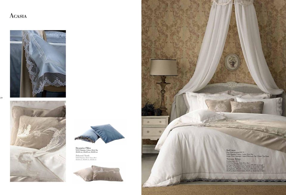 Ecru, Sky Duvet Cover, Standard / Volant Pillowcase, Flat / Fitted / Top Sheet Düzboya Jakar 310 TC %100 Mısır Pamuğu,