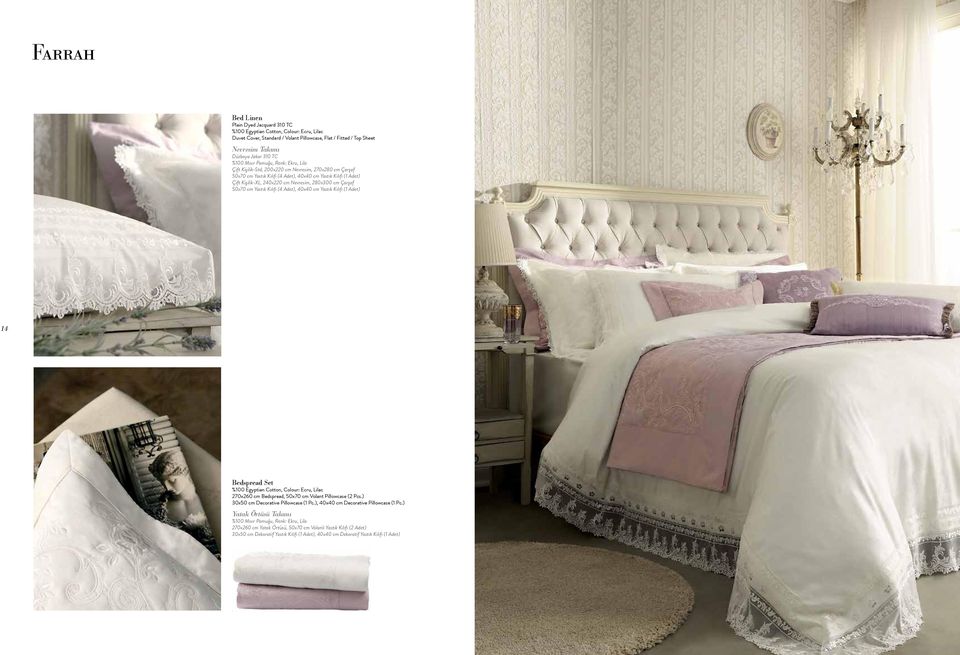 Colour: Ecru, Lilac 270x260 cm Bedspread, 50x70 cm Volant Pillowcase (2 Pcs.) 30x50 cm Decorative Pillowcase (1 Pc.), 40x40 cm Decorative Pillowcase (1 Pc.