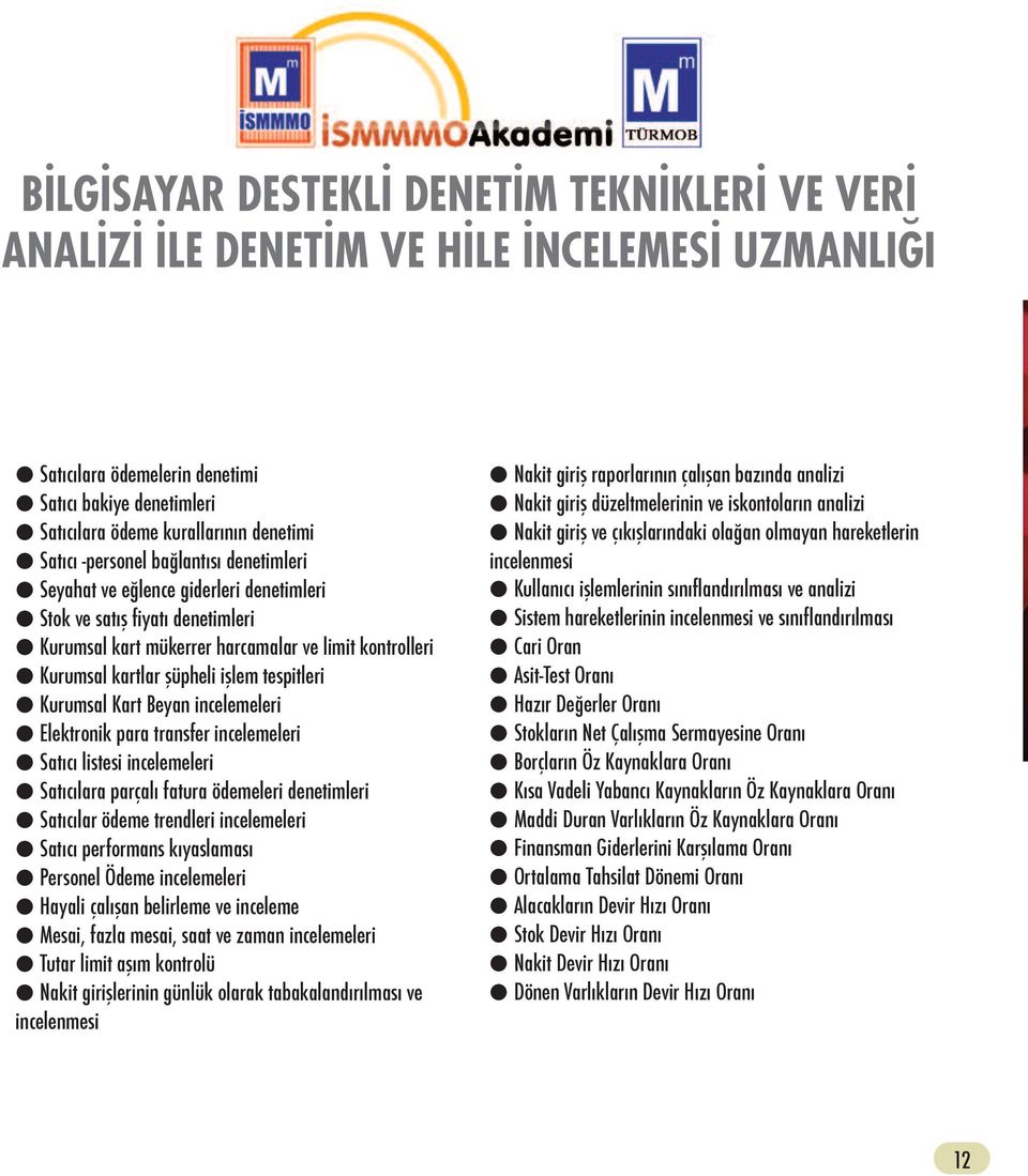 incelemeleri l Satıcı listesi incelemeleri l Satıcılara parçalı fatura ödemeleri denetimleri l Satıcılar ödeme trendleri incelemeleri l Satıcı performans kıyaslaması l Personel Ödeme incelemeleri l