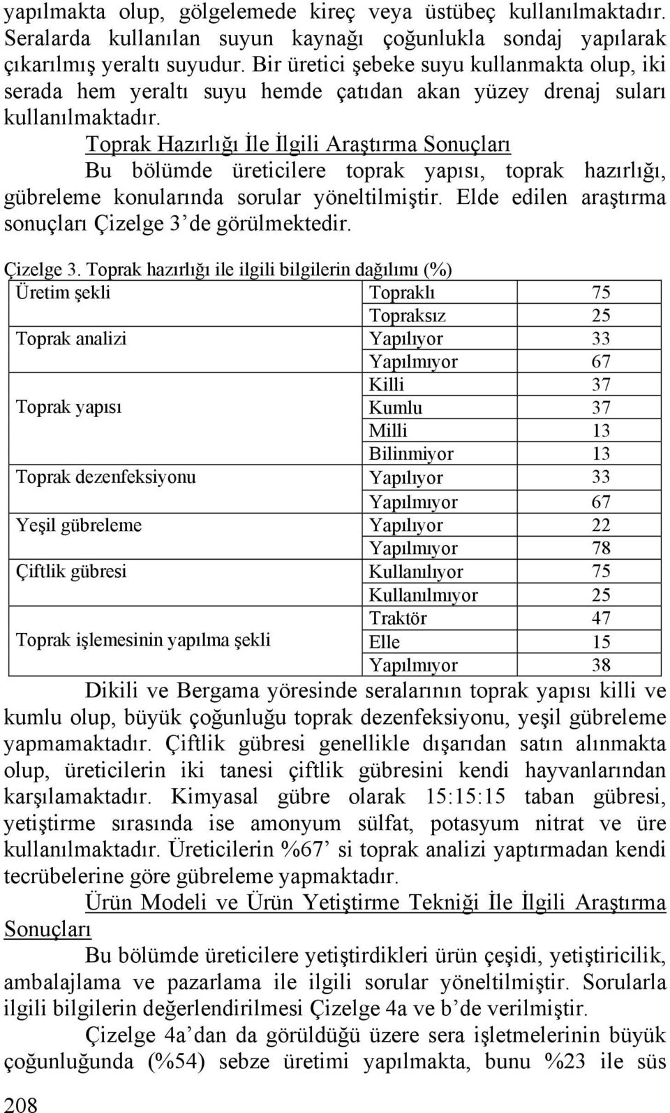 Toprak Hazırlığı İle İlgili Araştırma Sonuçları Bu bölümde üreticilere toprak yapısı, toprak hazırlığı, gübreleme konularında sorular yöneltilmiştir.