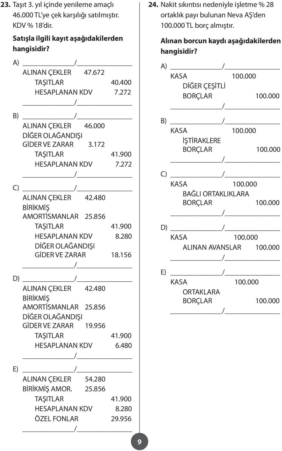 280 DİĞER OLAĞANDIŞI GİDER VE ZARAR 18.156 D) ALINAN ÇEKLER 42.480 BİRİKMİŞ AMORTİSMANLAR 25.856 DİĞER OLAĞANDIŞI GİDER VE ZARAR 19.956 TAŞITLAR 41.900 HESAPLANAN KDV 6.480 E) ALINAN ÇEKLER 54.