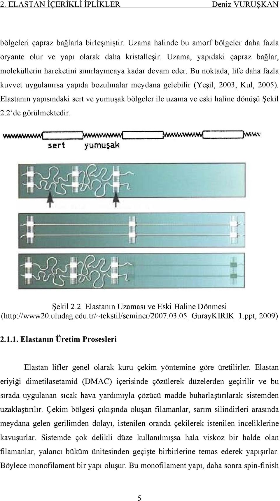 Elastanın yapısındaki sert ve yumuşak bölgeler ile uzama ve eski haline dönüşü Şekil 2.2 de görülmektedir. Şekil 2.2. Elastanın Uzaması ve Eski Haline Dönmesi (http://www20.uludag.edu.