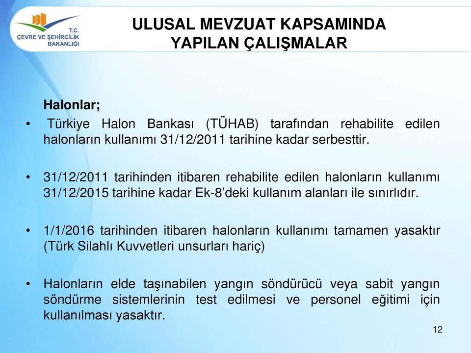 31/12/2011 tarihinden itibaren rehabilite edilen halonların kullanımı 31/12/2015 tarihine kadar Ek-8 deki kullanım alanları ile sınırlıdır.