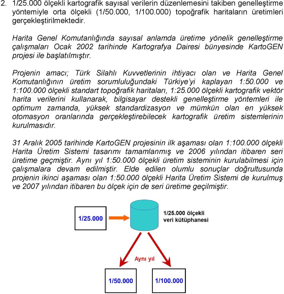 Projenin amacı; Türk Silahlı Kuvvetlerinin ihtiyacı olan ve Harita Genel Komutanlığının üretim sorumluluğundaki Türkiye yi kaplayan 1:50.000 ve 1:100.000 ölçekli standart topoğrafik haritaları, 1:25.