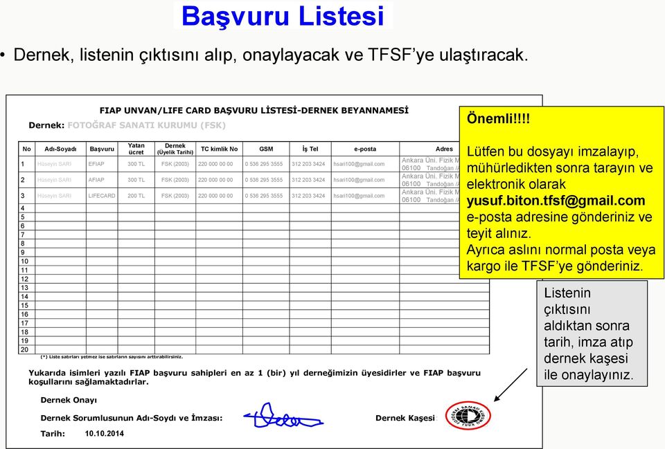 Yukarıda isimleri yazılı FIAP başvuru sahipleri en az 1 (bir) yıl derneğimizin üyesidirler ve FIAP başvuru koşullarını sağlamaktadırlar.