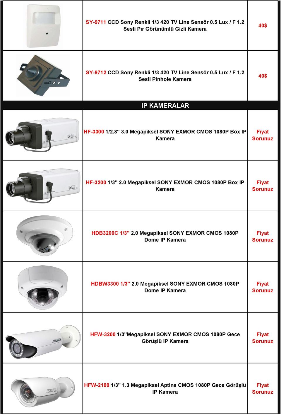 0 Megapiksel SONY EXMOR CMOS 1080P Box IP Kamera HDB3200C 1/3'' 2.0 Megapiksel SONY EXMOR CMOS 1080P Dome IP Kamera HDBW3300 1/3'' 2.