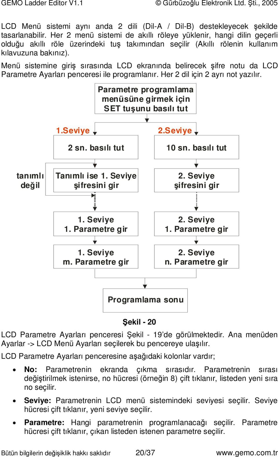 Menü sistemine giriş sırasında LCD ekranında belirecek şifre notu da LCD Parametre Ayarları penceresi ile programlanır. Her 2 dil için 2 ayrı not yazılır.