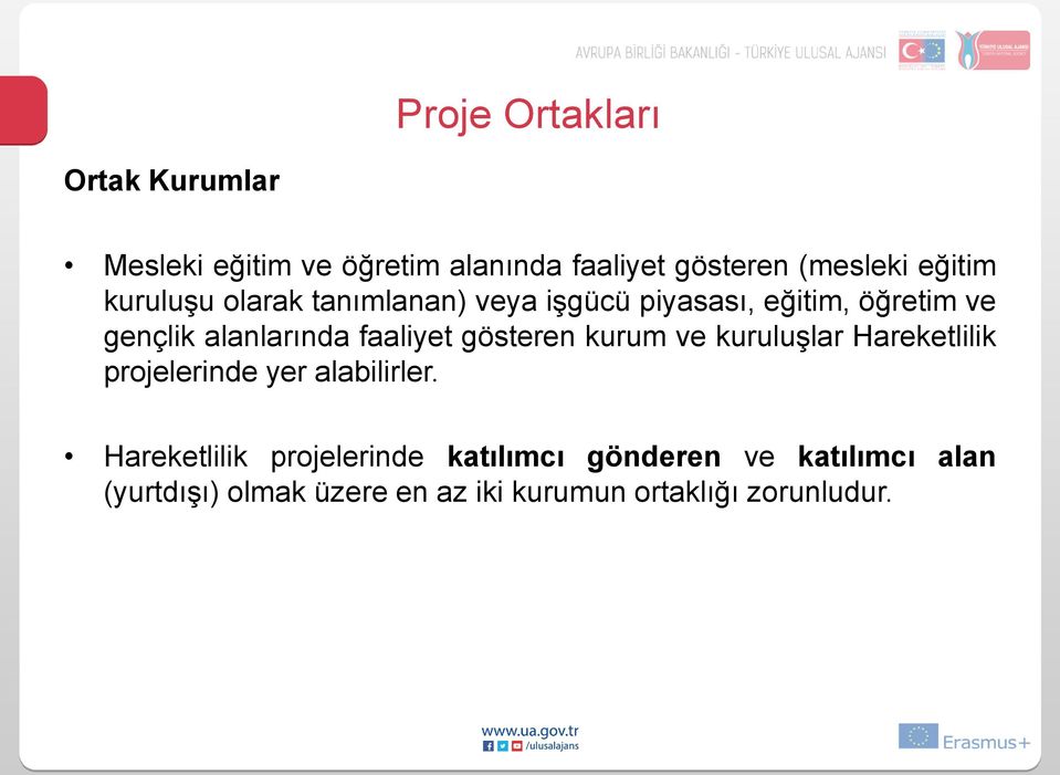 faaliyet gösteren kurum ve kuruluşlar Hareketlilik projelerinde yer alabilirler.