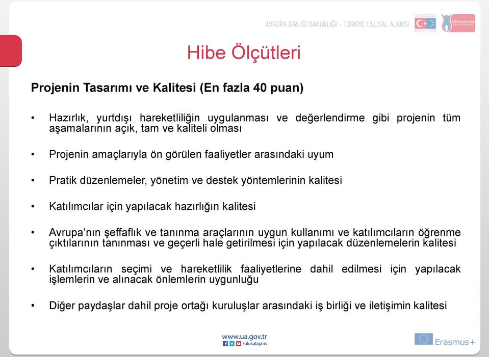 şeffaflık ve tanınma araçlarının uygun kullanımı ve katılımcıların öğrenme çıktılarının tanınması ve geçerli hale getirilmesi için yapılacak düzenlemelerin kalitesi Katılımcıların seçimi