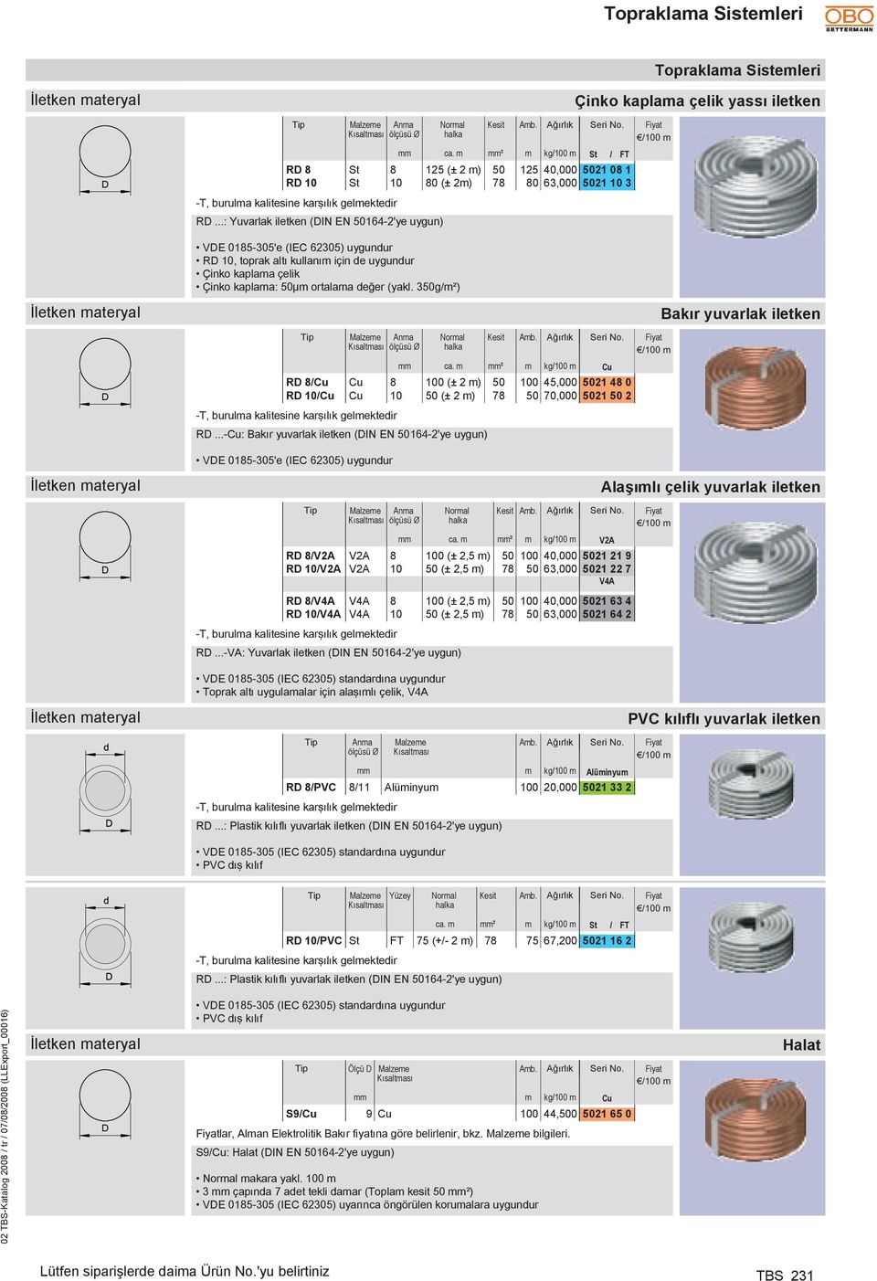..: Yuvarlak iletken (DIN EN 50164-2'ye uygun) Normal halka Kesit Çinko kaplama çelik yassı iletken /100 m VDE 0185-305'e (IEC 62305) uygundur RD 10, toprak altı kullanım de uygundur Çinko kaplama