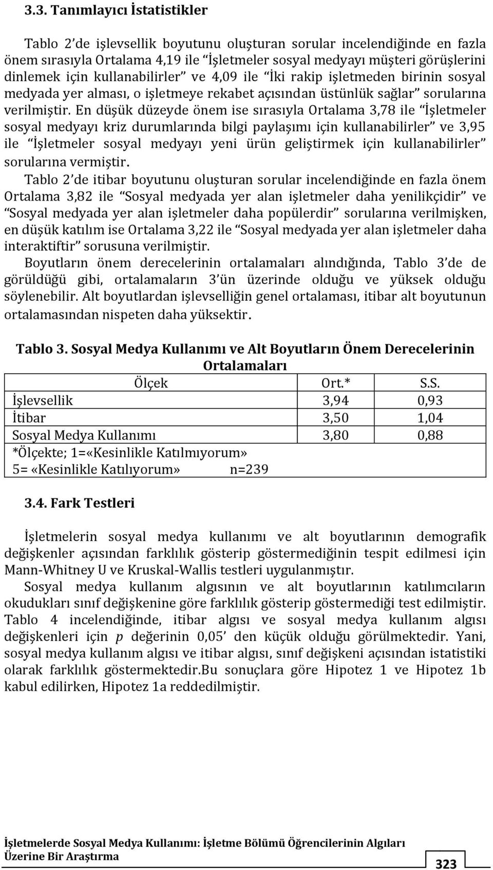 En düşük düzeyde önem ise sırasıyla Ortalama 3,78 ile İşletmeler sosyal medyayı kriz durumlarında bilgi paylaşımı için kullanabilirler ve 3,95 ile İşletmeler sosyal medyayı yeni ürün geliştirmek için