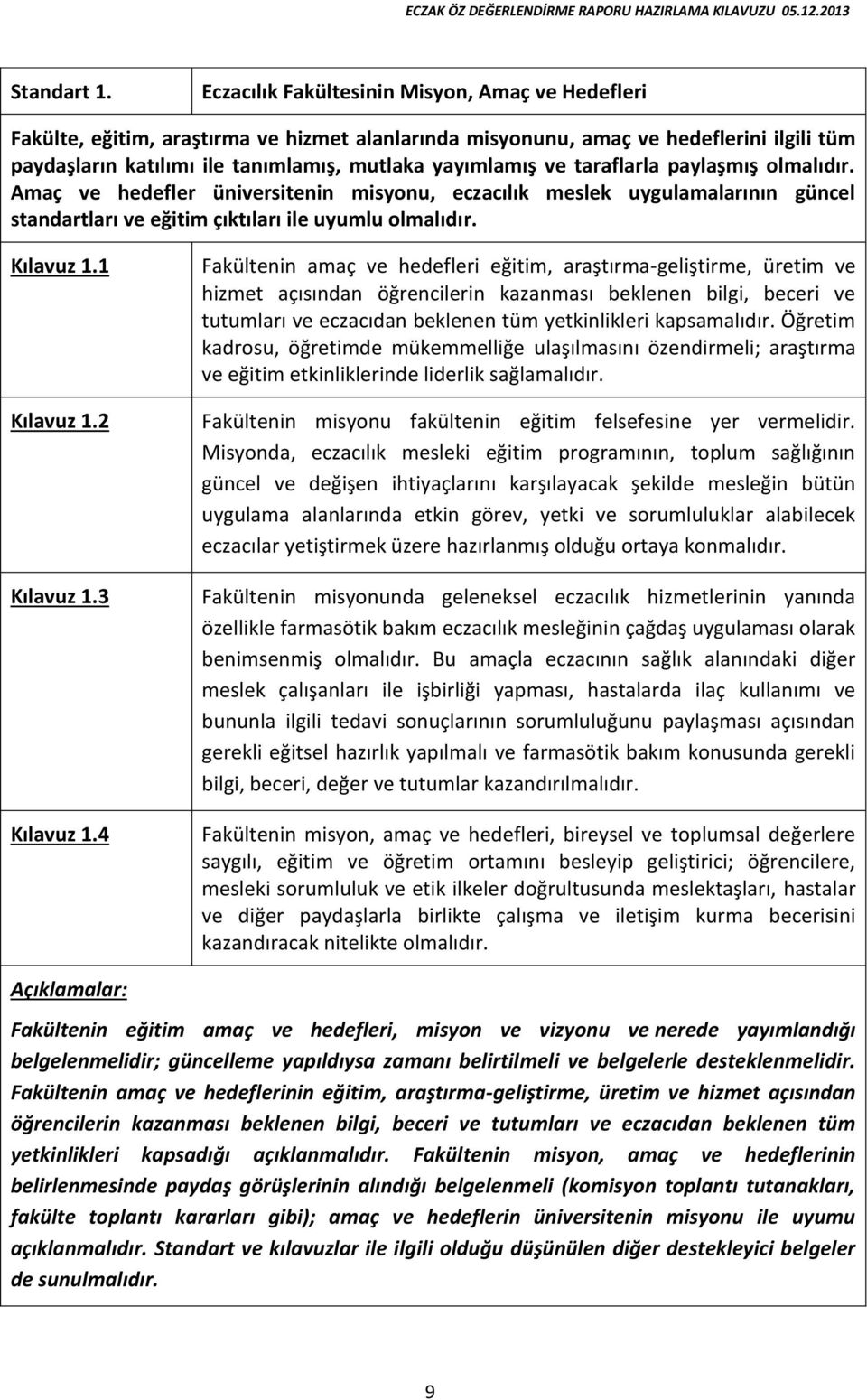 taraflarla paylaşmış olmalıdır. Amaç ve hedefler üniversitenin misyonu, eczacılık meslek uygulamalarının güncel standartları ve eğitim çıktıları ile uyumlu olmalıdır. Kılavuz 1.1 Kılavuz 1.