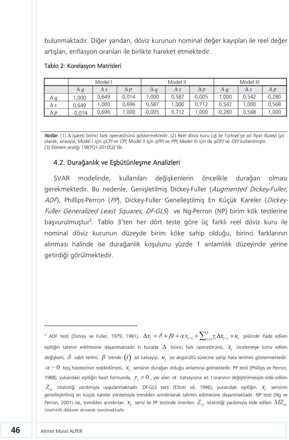 (2) Reel döviz kuru (q) ile Türkiye ye ai fiya düzeyi (p) olarak, sırasıyla, Model I için qcpi ve CPI; Model II için qppi ve PPI; Model III için de qdef ve DEF kullanılmışır.