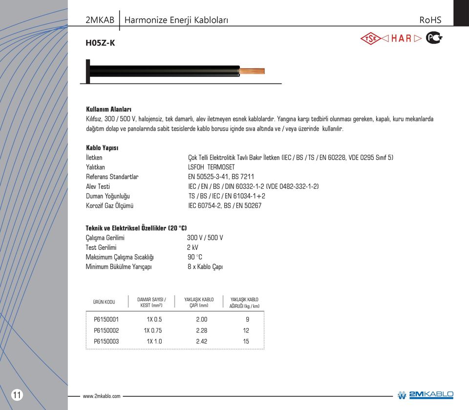 Kablo Yapısı İletken Çok Telli Elektrolitik Tavlı Bakır İletken (IEC / BS / TS / EN 60228, VDE 0295 Sınıf 5) Yalıtkan LSFOH TERMOSET Referans Standartlar EN 50525-3-41, BS 7211 Alev Testi IEC / EN /