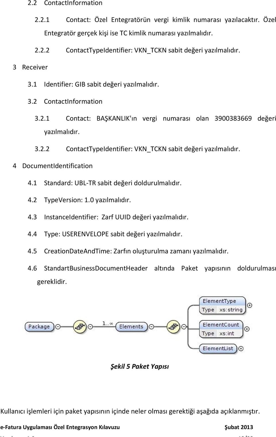 4 DocumentIdentification 4.1 Standard: UBL-TR sabit değeri doldurulmalıdır. 4.2 TypeVersion: 1.0 yazılmalıdır. 4.3 InstanceIdentifier: Zarf UUID değeri yazılmalıdır. 4.4 Type: USERENVELOPE sabit değeri yazılmalıdır.